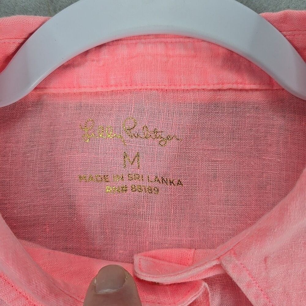 Lilly Pulitzer Sea View 100% Linen Button Down Blouse Shirt Pale Pink/Peach Sz M - Picture 8 of 11